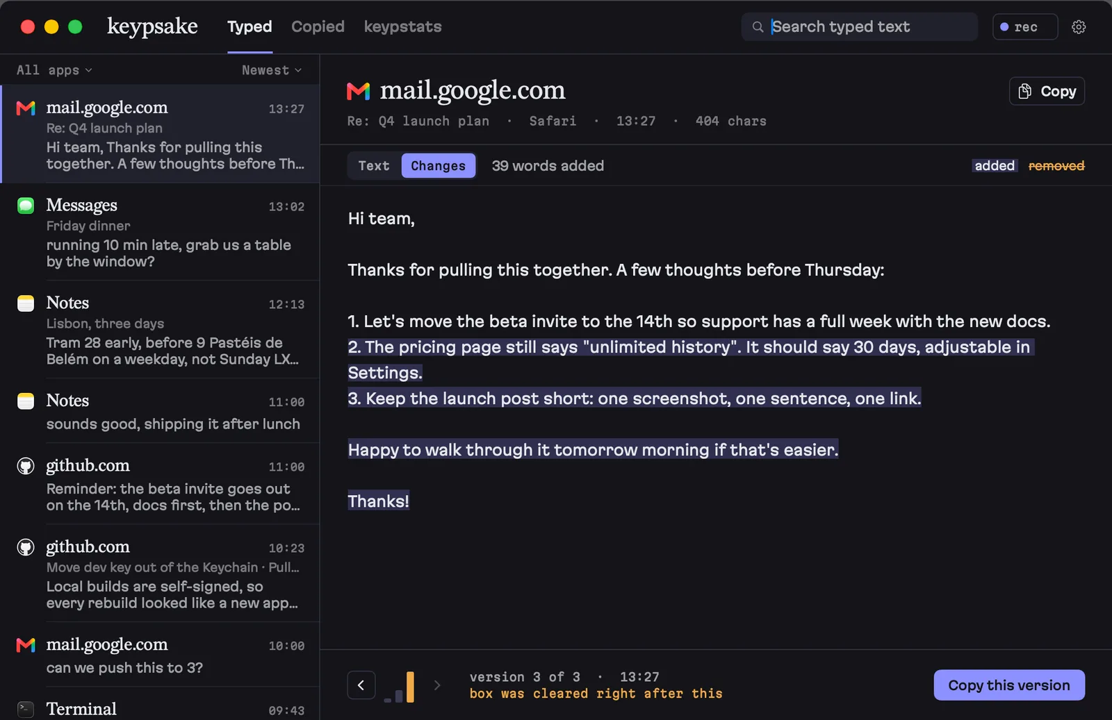 The Typed tab, showing an email draft that was cleared, with the version before the loss marked in amber.